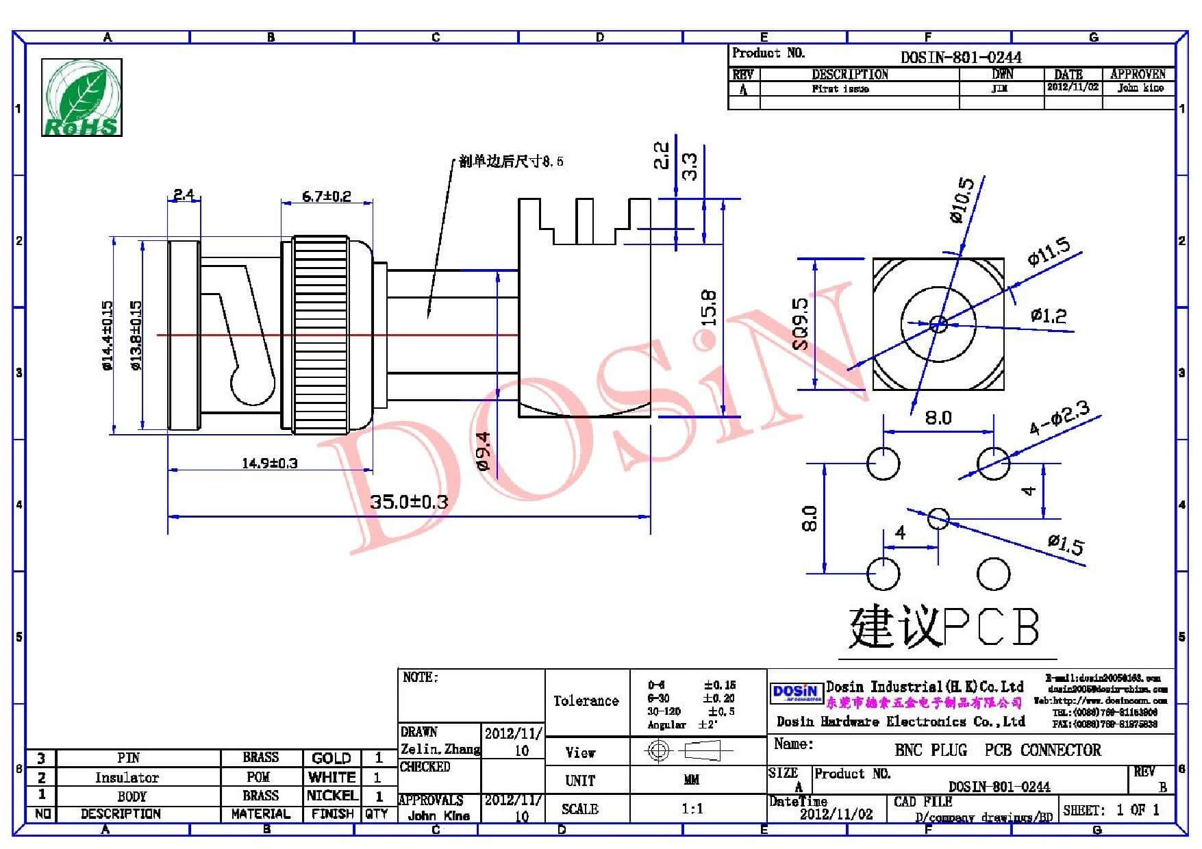 插板bnc母頭2*2彎式連接器接PCB板